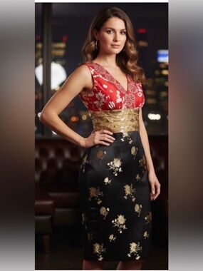 Phoebe Couture Red, Gold & Black Floral Sheath Dress